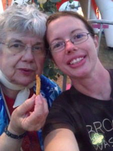 Me:  Come on Gram let us take a cheesy photo.  Her:  Only if this fry can be in it.  Me:  Okay!