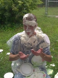 Jeff is such a great sport he let 22 first graders (and some adults) throw Whipped Cream Pies at him.  HUGE HIT!